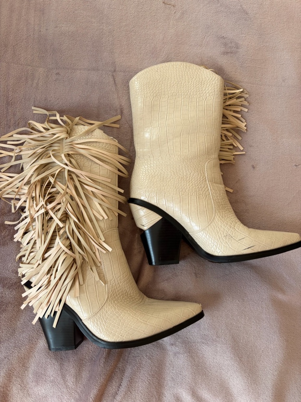 Fringed Croc-Embossed Cream Western Heeled Boots